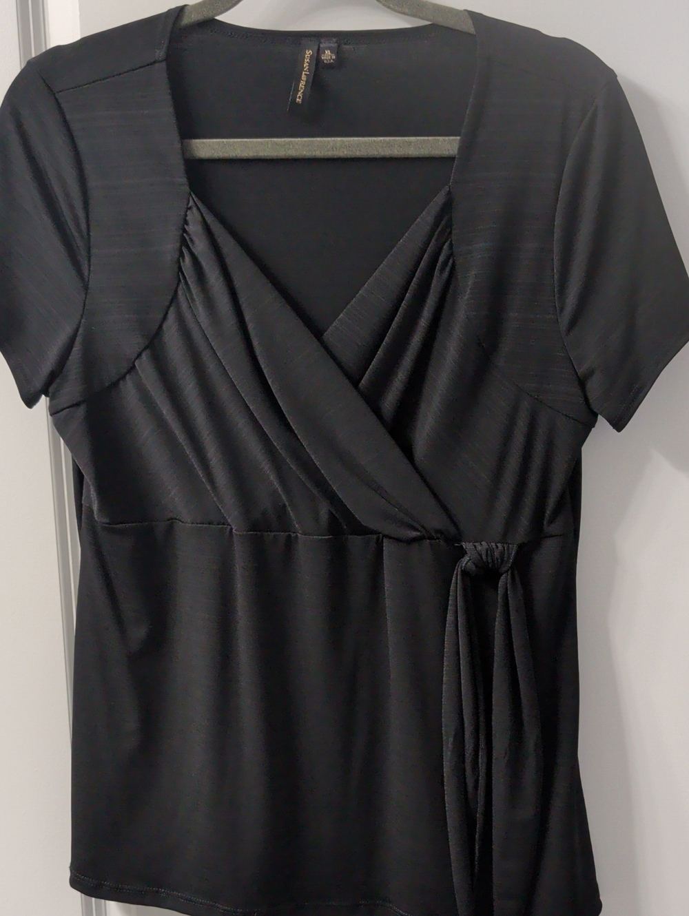 Short Sleeved Side Tie Black Blouse